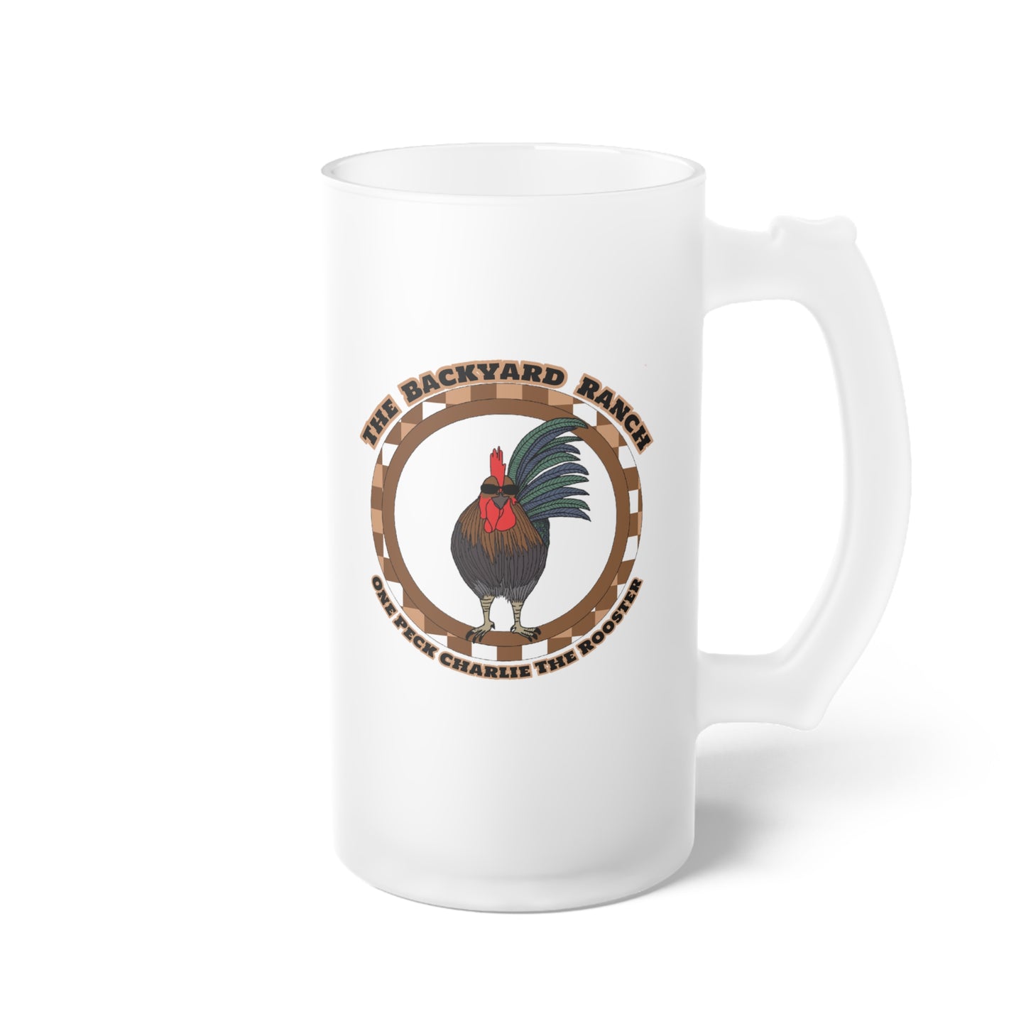 One Peck Charlie The Rooster  Frosted Glass Beer Mug