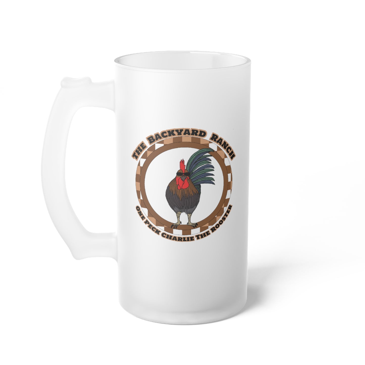 One Peck Charlie The Rooster  Frosted Glass Beer Mug